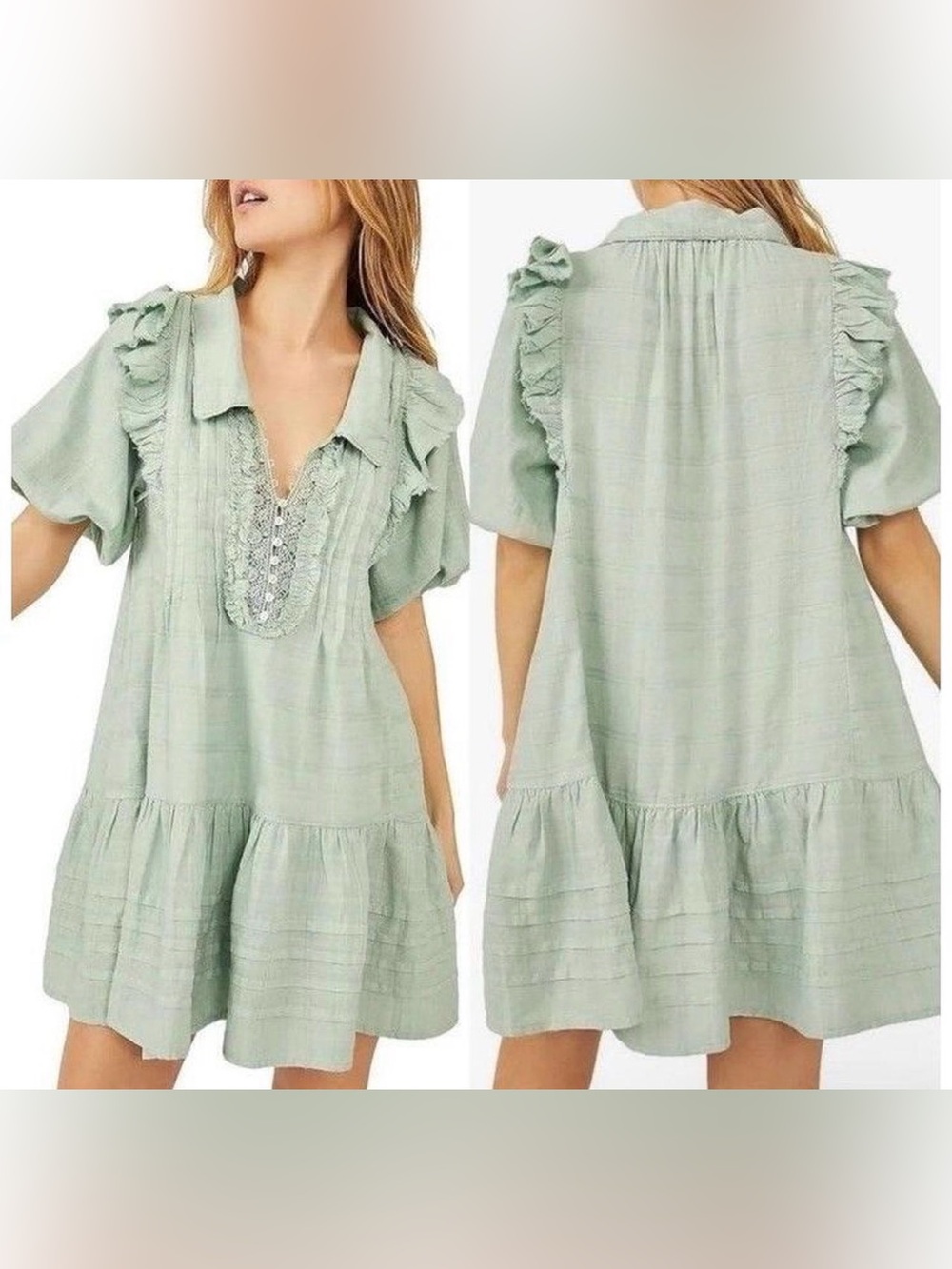 Free People Elora Mini Dress Mermaid’s Tail Green Lace Ruffle Small